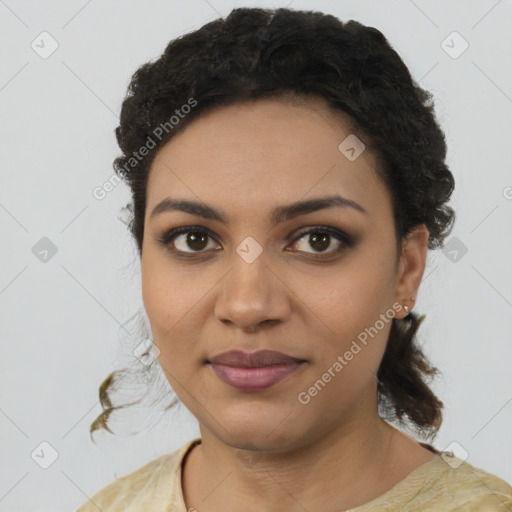 Joyful latino young-adult female with medium  black hair and brown eyes