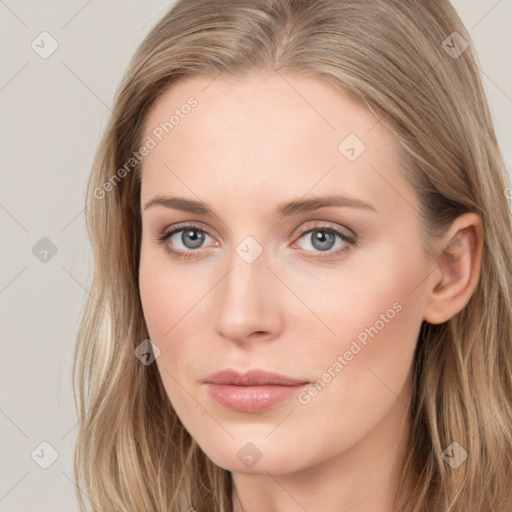 Neutral white young-adult female with long  brown hair and grey eyes