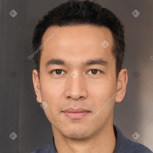 Neutral white young-adult male with short  black hair and brown eyes