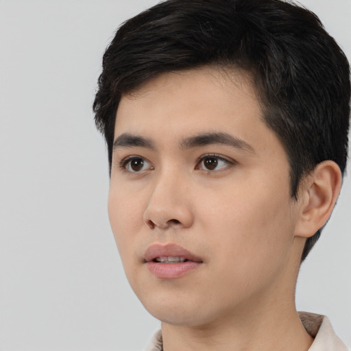 Neutral asian young-adult male with short  black hair and brown eyes