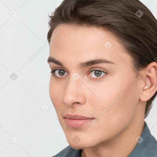 Neutral white young-adult female with medium  brown hair and brown eyes