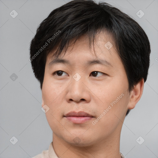 Neutral asian young-adult male with short  brown hair and brown eyes