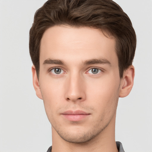 Neutral white young-adult male with short  brown hair and brown eyes