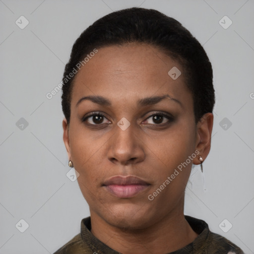 Neutral black young-adult female with short  black hair and brown eyes