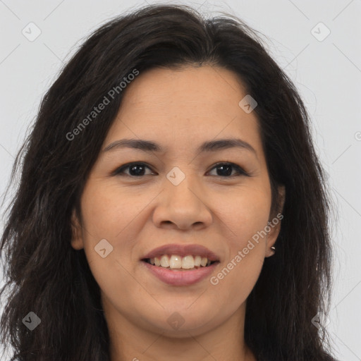 Joyful asian young-adult female with long  brown hair and brown eyes