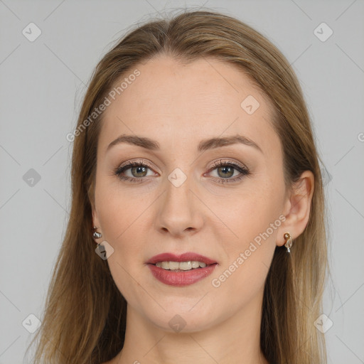 Joyful white young-adult female with long  brown hair and grey eyes