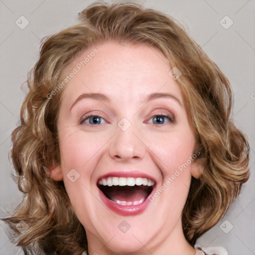 Joyful white young-adult female with medium  brown hair and blue eyes