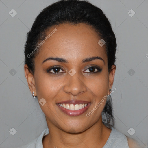 Joyful latino young-adult female with short  brown hair and brown eyes