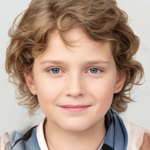 Joyful white child female with medium  brown hair and blue eyes