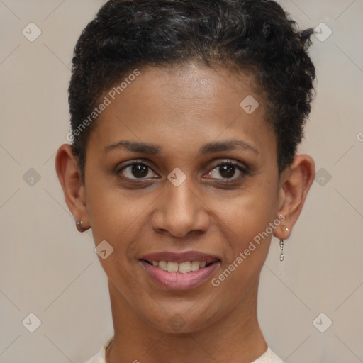 Joyful black young-adult female with short  brown hair and brown eyes