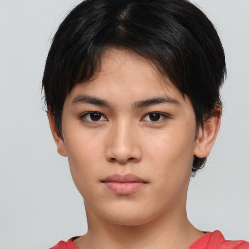 Neutral asian young-adult female with short  brown hair and brown eyes