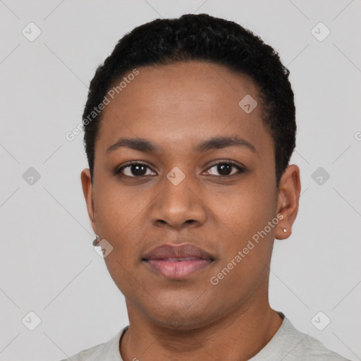 Neutral black young-adult female with short  black hair and brown eyes