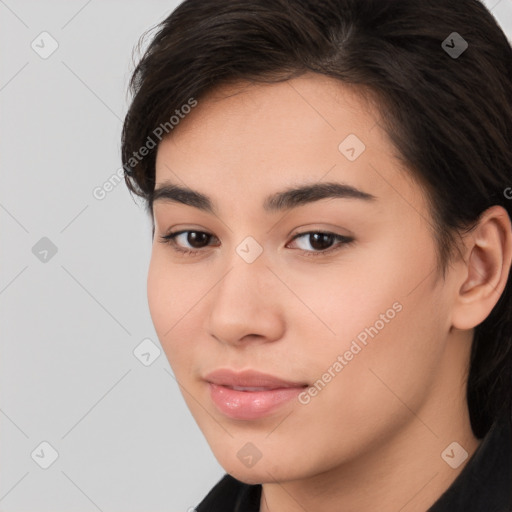 Neutral white young-adult female with long  brown hair and brown eyes