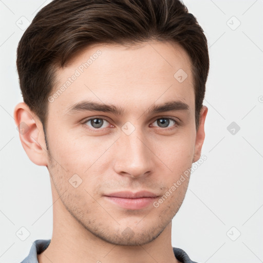 Neutral white young-adult male with short  brown hair and brown eyes