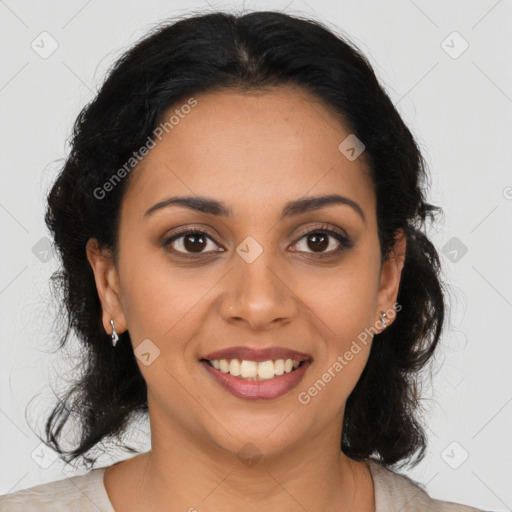 Joyful latino young-adult female with medium  brown hair and brown eyes