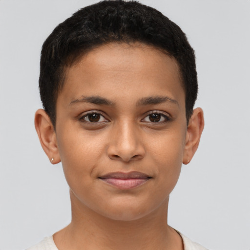 Joyful latino young-adult female with short  brown hair and brown eyes