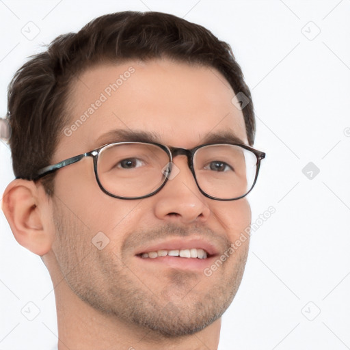 Neutral white young-adult male with short  brown hair and brown eyes