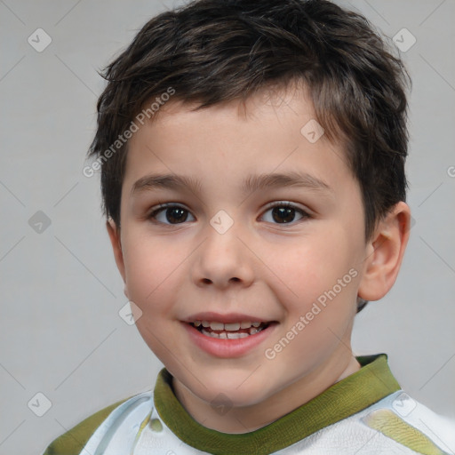 Joyful white child male with short  brown hair and brown eyes