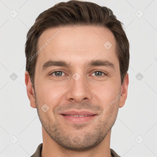 Joyful white young-adult male with short  brown hair and brown eyes