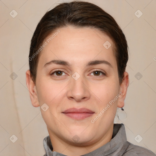 Joyful white young-adult female with short  brown hair and brown eyes