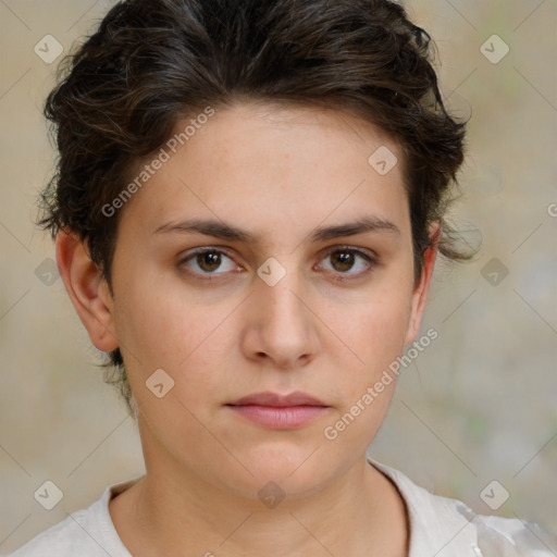 Neutral white young-adult female with short  brown hair and brown eyes