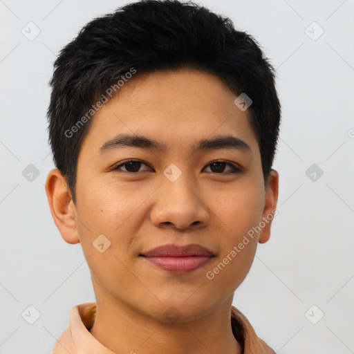 Joyful latino young-adult male with short  brown hair and brown eyes