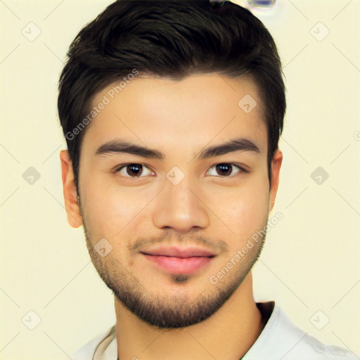 Joyful white young-adult male with short  black hair and brown eyes