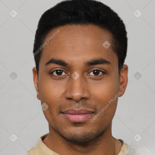 Neutral black young-adult male with short  black hair and brown eyes