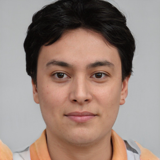 Neutral asian young-adult male with short  brown hair and brown eyes
