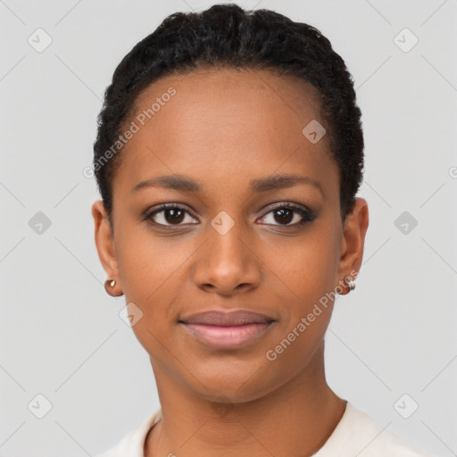 Joyful black young-adult female with short  black hair and brown eyes