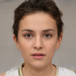 Neutral white young-adult female with short  brown hair and brown eyes