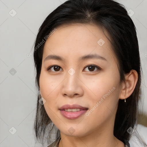 Joyful asian young-adult female with medium  brown hair and brown eyes