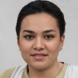 Joyful white young-adult female with short  brown hair and brown eyes