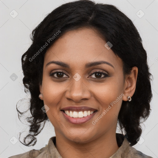 Joyful latino young-adult female with long  brown hair and brown eyes