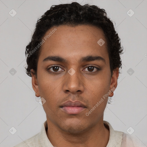 Neutral black young-adult male with short  black hair and brown eyes