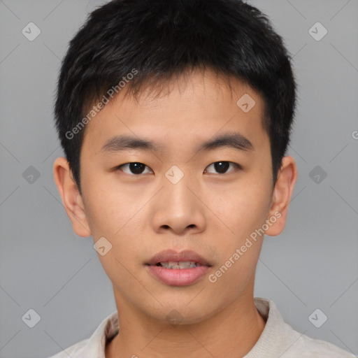 Neutral asian young-adult male with short  brown hair and brown eyes