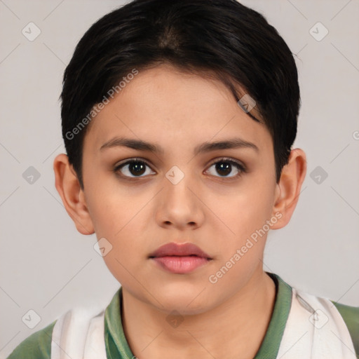 Neutral white young-adult female with short  brown hair and brown eyes