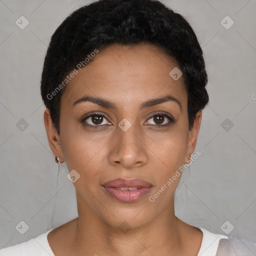 Neutral latino young-adult female with short  black hair and brown eyes