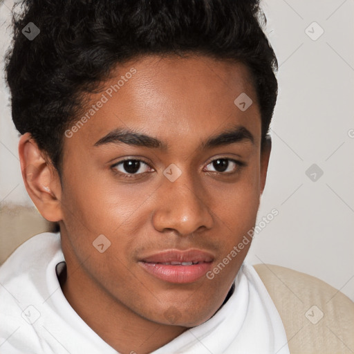 Joyful latino young-adult male with short  brown hair and brown eyes