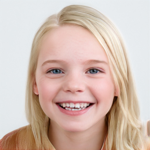 Joyful white child female with long  brown hair and blue eyes