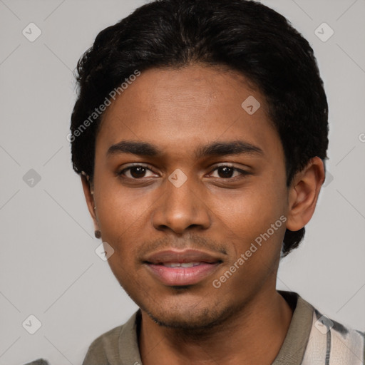 Joyful latino young-adult male with short  black hair and brown eyes