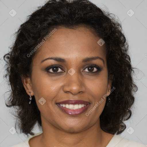 Joyful black young-adult female with medium  brown hair and brown eyes