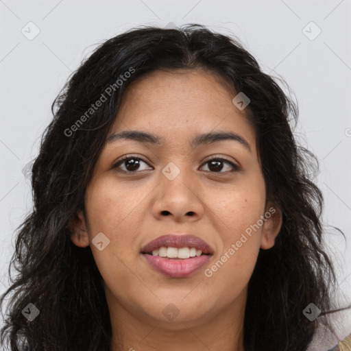 Joyful latino young-adult female with long  brown hair and brown eyes