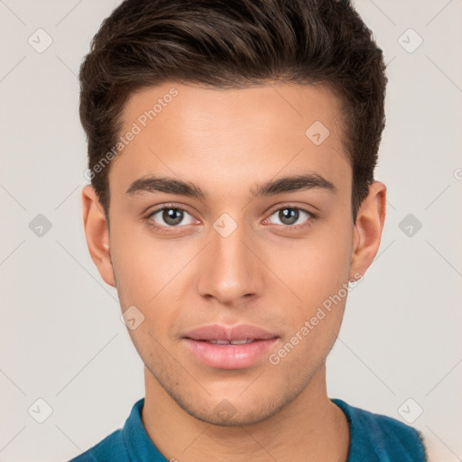 Neutral white young-adult male with short  brown hair and brown eyes