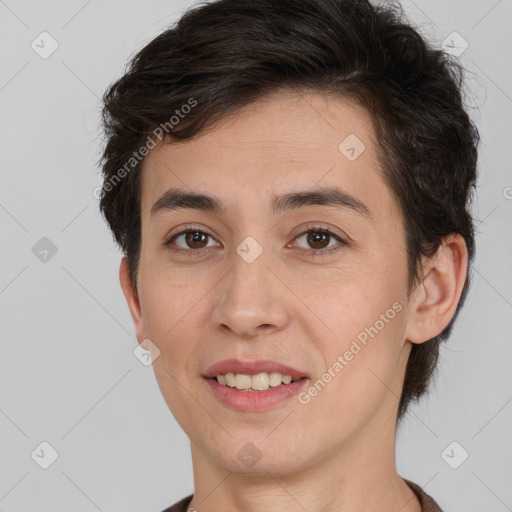 Joyful white young-adult female with short  brown hair and brown eyes