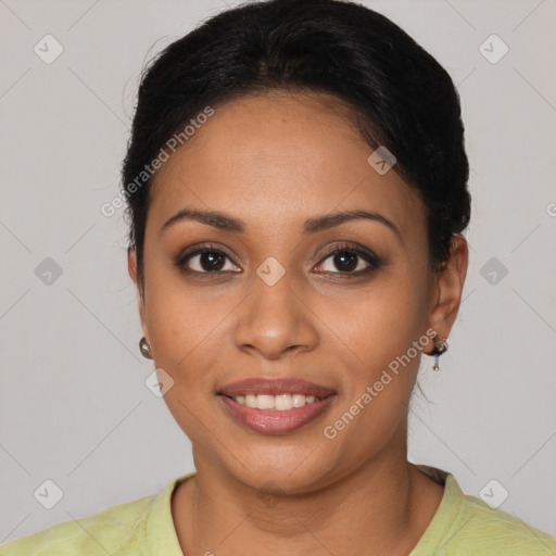 Joyful latino young-adult female with short  brown hair and brown eyes