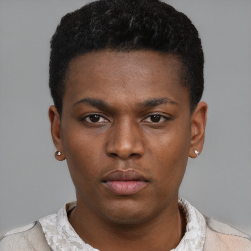 Neutral black young-adult male with short  black hair and brown eyes