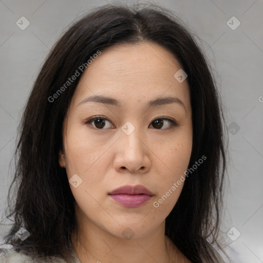 Neutral asian young-adult female with medium  brown hair and brown eyes