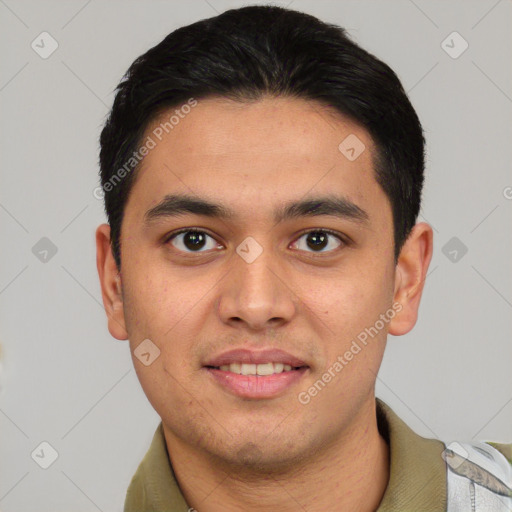 Joyful latino young-adult male with short  black hair and brown eyes