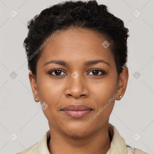 Joyful black young-adult female with short  brown hair and brown eyes